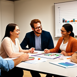 **Image:** A diverse group of people collaborating around a table covered in data charts and graphs, some smiling thoughtfully, others engaged in discussion. Soft, warm lighting. Emphasis on collaboration and data-driven decision-making.