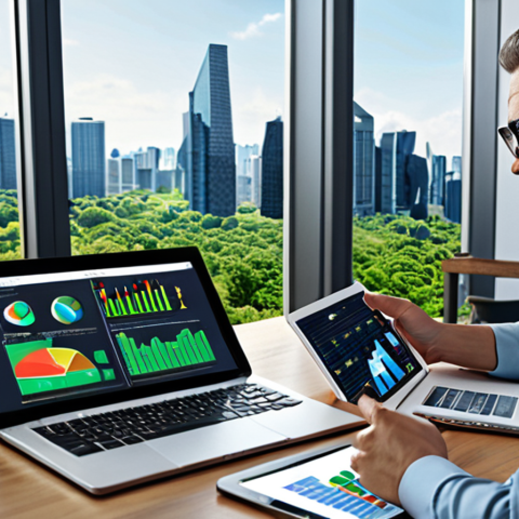 **A diverse group of investors analyzing ESG reports on tablets and laptops, with charts showcasing environmental, social, and governance factors. The scene emphasizes responsible investing and sustainable growth.**