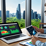 **A diverse group of investors analyzing ESG reports on tablets and laptops, with charts showcasing environmental, social, and governance factors. The scene emphasizes responsible investing and sustainable growth.**