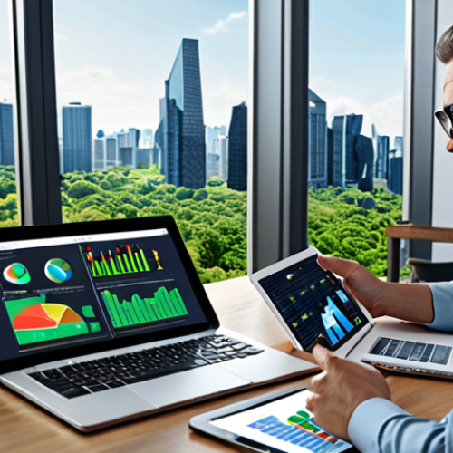 **A diverse group of investors analyzing ESG reports on tablets and laptops, with charts showcasing environmental, social, and governance factors. The scene emphasizes responsible investing and sustainable growth.**